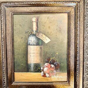 18 x 20 Vintage Still Life Oil Painting Wine Bottle Grapes Signed Ornate Gold
